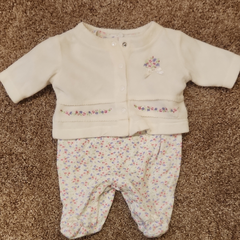 Floral Baby Outfit with Cream Cardigan,  Size Small